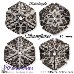 May include: Four black and white beaded snowflake ornaments with a kaleidoscope design. The ornaments are 10 rows of beads and are called "Snowflakes".