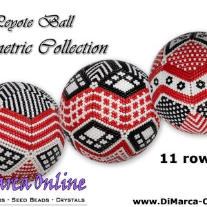 May include: Three red, white, and black geometric beaded balls. The balls are made with seed beads and have a geometric pattern. The text "Peyote Ball Geometric Collection" and "11 rows" is visible in the image.