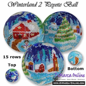 May include: A set of four beaded Christmas ornaments depicting a winter wonderland scene. The ornaments are made with seed beads and feature a snowman, a house, a Christmas tree, and a church. The ornaments are 15 rows high and are labeled "Top" and "Bottom".