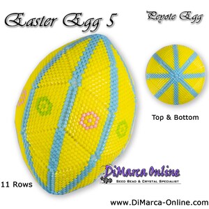 以下が含まれることがあります： 幾何学模様の黄色と青のビーズでできたイースターエッグ。ペヨーテステッチでできており、高さは11段です。卵の上部と下部は別の画像で示されています。