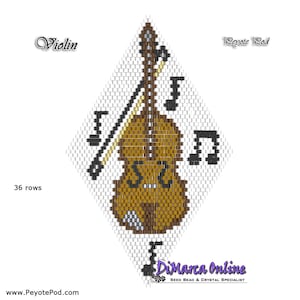 May include: A peyote stitch beading pattern for a violin with a bow and musical notes. The pattern is 36 rows long and uses brown, black, white, and gold beads. The pattern is labeled "Violin" and "Peyote Pod".