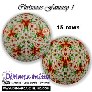 May include: Two red, green, gold, and white beaded Christmas baubles with a geometric pattern. The baubles are 15 rows tall. The text "Christmas Fantasy 1" and "15 rows" is visible in the image.