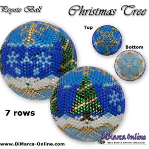 May include: A blue and white beaded Christmas tree ornament with gold accents. The ornament is made with seed beads and features a snowflake design on the top and a Christmas tree design on the bottom. The ornament is 7 rows tall.