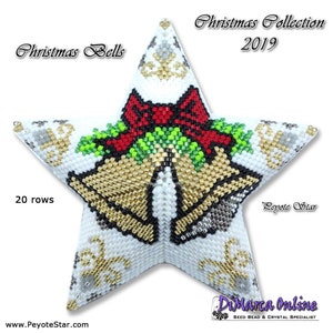 May include: A white peyote star with a red bow, green holly, and two gold bells. The star is 20 rows and has a gold and silver snowflake pattern. The text "Christmas Bells" and "Peyote Star" are visible in the image.