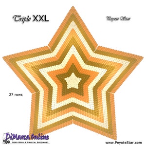 May include: A triple XXL peyote star beading pattern with 27 rows. The star is made of beige, orange, and brown beads. The pattern is called "Peyote Star" and is available on the website www.PeyoteStar.com.