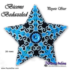 May include: A blue and black beaded star with a large blue rhinestone in the centre. The star is 20 rows of peyote stitch and is labelled "Bicone Bedazzled Peyote Star".