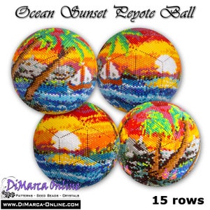 May include: Four colorful beaded balls depicting an ocean sunset scene with palm trees, sailboats, and a white seashell. Each ball is made of seed beads and has 15 rows. The balls are arranged in a square pattern on a white background.