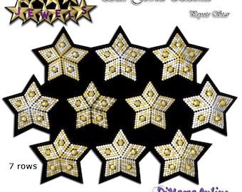 May include: A close-up of nine gold and white star-shaped beaded ornaments. The stars are arranged in a circle on a black background. The text "Star Jewels Bicones" and "Lepote Star" is visible above the stars. The text "7 rows" is visible below the stars.