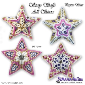 Puede incluir: Cuatro adornos de estrellas de cuentas en rosa, blanco, dorado y morado. Las estrellas tienen 14 filas de altura y un diseño geométrico. El texto "Stay Safe All Stars" y "Peyote Star" es visible en la imagen.