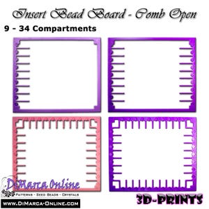 May include: Four square bead board inserts with comb-style edges in purple and pink. The text reads: Insert Bead Board - Comb Open, 9 - 34 Compartments, DiMarca Online, PATTERNS - SEED BEADS - CRYSTALS, WWW.DIMARCA-ONLINE.COM, and 3D-PRINTS.