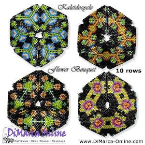 May include: Four beaded hexagons with a hole in the center. The hexagons are black with green, blue, orange, and purple beads. The text "Kaleidocycle" and "Flower Bouquet" are above the hexagons. The text "10 rows" is to the right of the hexagons.