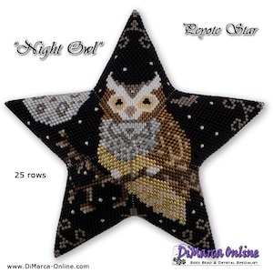 Peut inclure: Une étoile en perles en forme d'étoile avec un motif de hibou brun et blanc. Le hibou est perché sur une branche avec une pleine lune en arrière-plan. L'ornement est composé de 25 rangées de perles et est intitulé "Night Owl".