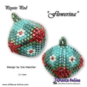 May include: Two beaded flowerina pendants in turquoise, green, red and white. The pendants are 11 rows tall and are designed by Ina Hascher.