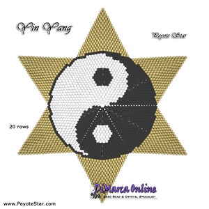 Op de afbeelding: Een gouden stervormig peyote-steek kralenpatroon met een zwart-wit yin-yang symbool in het midden. Het patroon is gelabeld "Yin Yang" en "Peyote Star" en bevat de tekst "20 rijen".