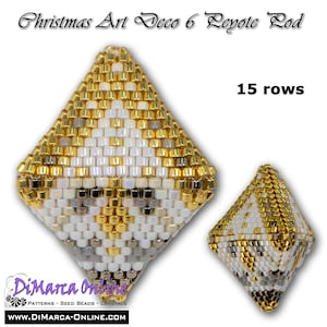 May include: A beaded Christmas ornament in the shape of a diamond with gold, white, and gray beads. The ornament is 15 rows tall and is made using the peyote stitch.