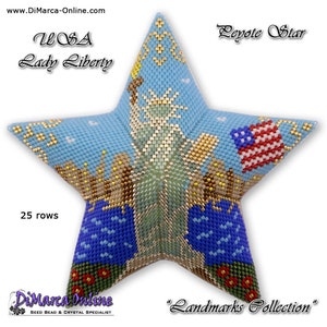 May include: A blue, white, and red beaded star with a depiction of the Statue of Liberty and the American flag. The star is 25 rows of beads and is part of a "Landmarks Collection".