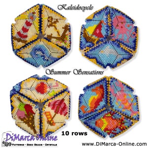 Könnte beinhalten: Vier farbenfrohe Kaleidoskop-Designs aus Perlen mit jeweils 10 Reihen. Die Designs zeigen Sommermotive wie Muscheln, Anker, Fische und Regenschirme. Der Text "Kaleidocycle" und "Summer Sensations" ist im Bild sichtbar.