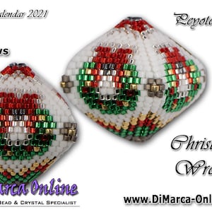 May include: Two beaded Christmas ornaments in the shape of a cube. The ornaments are white with red, green, gold, and silver beads. The ornaments are labeled "Loyote Lod" and "Christmas Wreath".
