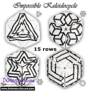May include: Four black and white bead patterns, each with a different geometric design. The patterns are labeled "Impossible Kaleidocycle" and "15 rows".