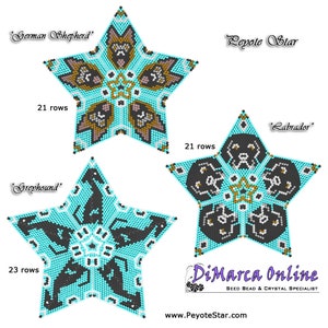 Puede incluir: Cuatro patrones de abalorios en forma de estrella de punto peyote con diferentes razas de perros. Los patrones están etiquetados como "Pastor alemán", "Galgo", "Labrador" y "Estrella de peyote". Cada patrón tiene 21 filas, excepto el patrón de galgo, que tiene 23 filas.