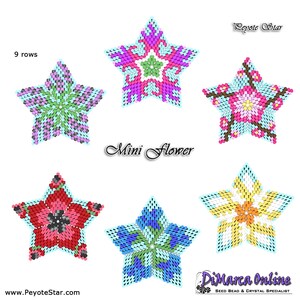 Könnte beinhalten: Sechs verschiedene sternförmige Perlenmuster mit jeweils 9 Reihen. Die Muster heißen "Mini Flower" und zeigen verschiedene Farben, darunter Pink, Blau, Gelb, Grün und Weiß.
