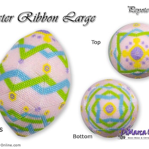 以下が含まれることがあります： 緑と青のリボン模様が施されたピンクのビーズ製のイースターエッグ。卵は15列の高さで、上からと下から見ることができます。画像には「Loyote Egg」と「Easter Ribbon Large」の文字が見えます。