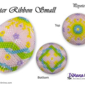以下が含まれることがあります： ピンク、イエロー、グリーン、ブルーのリボン模様のビーズでできたイースターエッグ。卵は7列で、"Easter Ribbon Small"とラベル付けされています。