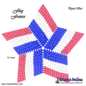 May include: A 12-row peyote star beading pattern featuring the colors of the French flag: red, white, and blue. The pattern is titled "Flag France" and is from the website PeyoteStar.com.