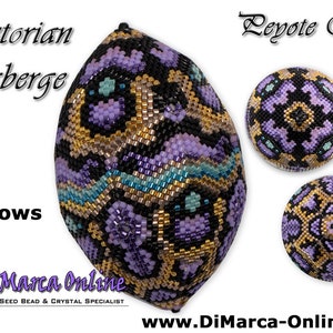 Puede incluir: Un huevo de cuentas con un patrón geométrico morado, dorado y negro. El huevo está etiquetado como "Victorian Faberge Peyote Egg" y tiene 11 filas. La parte superior e inferior del huevo se muestran por separado.
