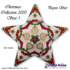 Peut inclure: Une étoile de Noël en perles blanches, rouges, vertes et dorées avec le texte "Christmas Collection 2020 Star 1" et "Peyote Star" et "20 rows".