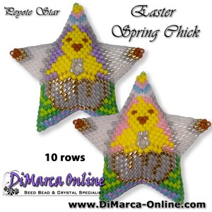 May include: Two beaded star-shaped ornaments with a chick design. The stars are white with yellow, green, pink, and blue beads. The text "Easter Spring Chick" and "10 rows" are visible.