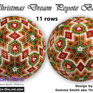 May include: A Christmas Dream Leyote Ball beading pattern with 11 rows. The ball is made with red, green, gold, and white beads. The pattern is designed by Gemma Smith aka That Cat Witch.