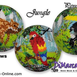 Può includere: Tre sfere di perline con disegni di animali della giungla. Le sfere sono fatte di perline di semi e presentano un tucano, un pappagallo e un giaguaro. Le sfere sono alte 15 file e sono chiamate "Sfere Peyote".