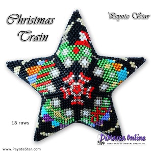May include: A black star-shaped beaded ornament with a Christmas train design. The ornament is made with colorful seed beads and features a red, green, and white color scheme. The ornament is 18 rows tall and is a peyote star.