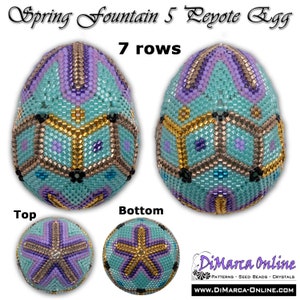 May include: A beaded egg with a turquoise, purple, gold, and black geometric pattern. The egg is divided into two sections, labelled "Top" and "Bottom". The text "Spring Fountain 5 Peyote Egg" and "7 rows" is also visible.