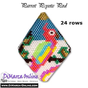 May include: A colorful beaded parrot design in a diamond shape, with 24 rows of beads. The parrot is made with seed beads in shades of blue, green, yellow, pink, red, and white. The design is on a white background.