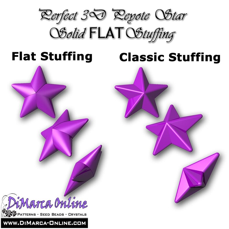 Pode incluir: Imagem mostrando designs de estrelas Peyote 3D em roxo. O texto diz "Perfect 3D Peyote Star Solid FLAT Stuffing". A imagem &eacute; dividida em exemplos de "Flat Stuffing" e "Classic Stuffing", com formas de estrela e diamante.