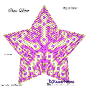 May include: A purple and gold peyote star beading pattern with a cross design in the center. The pattern is 20 rows long and is labeled "Cross Star" and "Peyote Star".