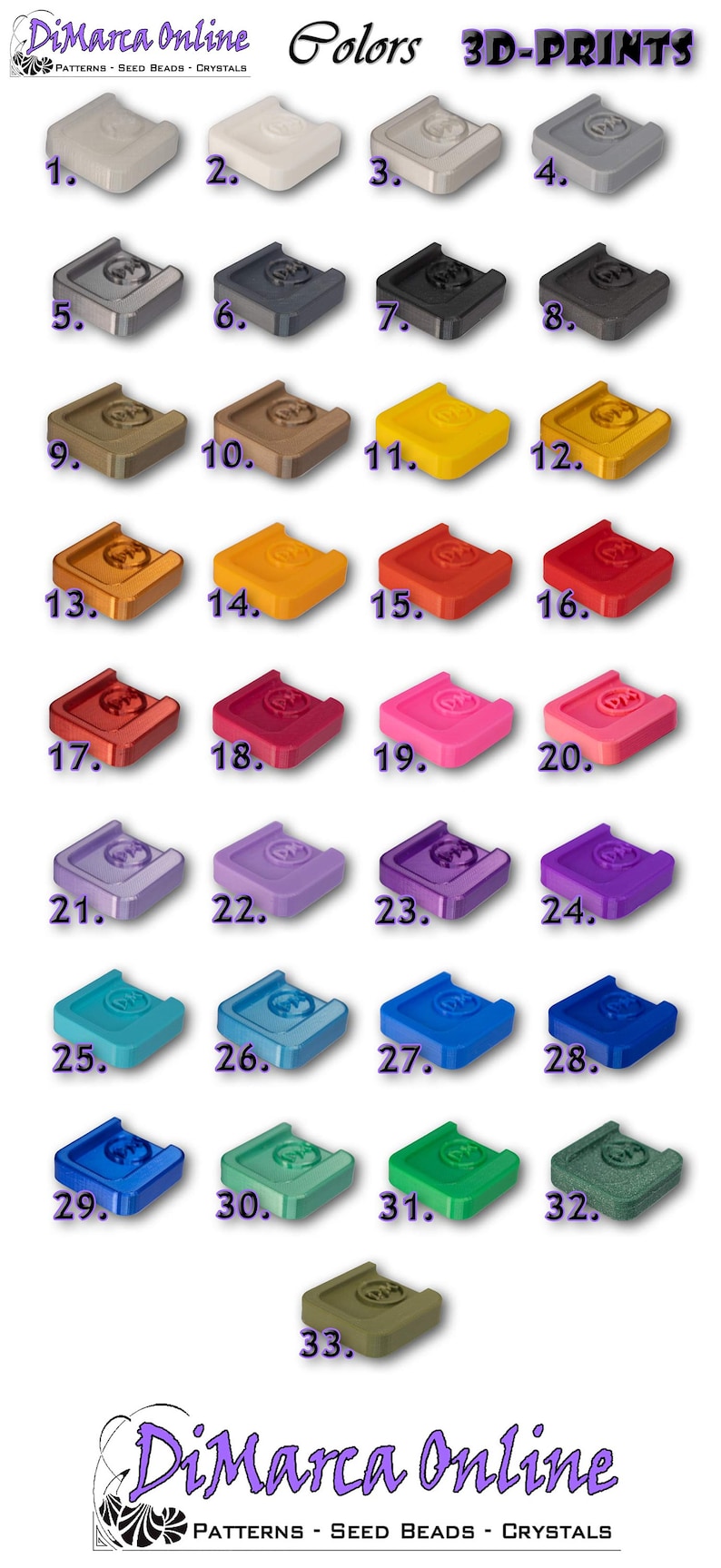 May include: Thirty-three 3D printed plastic squares in various colors, numbered 1 through 33. The squares are all the same size and shape, and they are arranged in rows of four. The squares are all different colors, including white, gray, black, brown, yellow, orange, red, pink, purple, blue, green, and olive.
