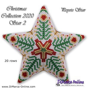 May include: A white, green, red and gold beaded star ornament with the text "Christmas Collection 2020 Star 2" and "Lepote Star" at the top and bottom of the image. The ornament is 20 rows of beads and features a floral design in the centre.