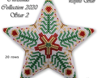 May include: A white, green, red, and gold beaded star ornament with the text "Christmas Collection 2020 Star 2" and "Lepote Star" on the top and bottom of the image. The ornament is 20 rows of beads and has a floral design in the center.