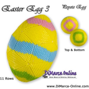 May include: A yellow, blue, pink, and green beaded Easter egg with 11 rows. The egg is made using the peyote stitch and is shown with the top and bottom sections.