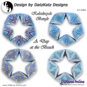 May include: Four star-shaped beading patterns in blue, purple, white, and orange. The patterns are labeled "Kaleidocycle Bangle" and "A Day at the Beach". The image also includes the text "Design by DatzKatz Designs" and "13 rows".