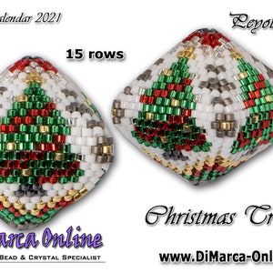 May include: A beaded Christmas tree ornament in the shape of a cube. The ornament is made with red, green, white, gold, and silver beads. The ornament is 15 rows high and is labeled "Leyote Pod" and "Christmas Tree".