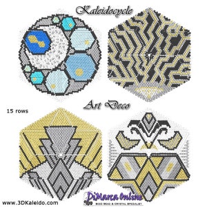 Puede incluir: Cuatro patrones de abalorios diferentes para crear joyas hexagonales. Los patrones se llaman "Kaleidocycle" y "Art Deco". Los patrones están hechos con cuentas negras, blancas, grises y doradas.