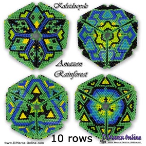 Puede incluir: Cuatro diseños de caleidoscopio de cuentas en verde, azul, amarillo y negro. Los diseños se titulan "Caleidoscopio" y "Amazonas Rainforest". El texto "10 filas" también está incluido en la imagen.
