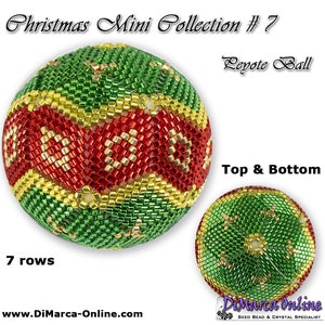 May include: A green, red and gold beaded Christmas bauble in the shape of a ball. The bauble is made with peyote stitch and has 7 rows. The top and bottom of the bauble are also shown.
