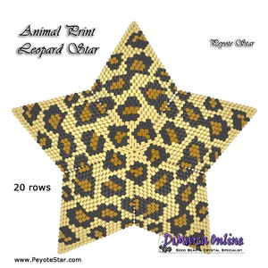 May include: A 20-row peyote star beading pattern with a leopard print design. The star is made with black, brown, and cream beads. The pattern is called "Animal Print Leopard Star" and is from PeyoteStar.com.