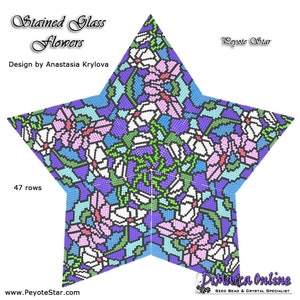 Puede incluir: Un diseño de flores de vidrio de colores en forma de estrella, hecho con cuentas de semillas. El diseño presenta cuentas rosas, azules, verdes y blancas. El texto "Peyote Star" está en la esquina superior derecha de la imagen. El texto "47 rows" está en la esquina inferior izquierda de la imagen. El texto "www.PeyoteStar.com" está en la esquina inferior izquierda de la imagen. El texto "DiMarca Online" está en la esquina inferior derecha de la imagen. El texto "SEED BEAD & CRYSTAL SPECIALIST" está en la esquina inferior derecha de la imagen.