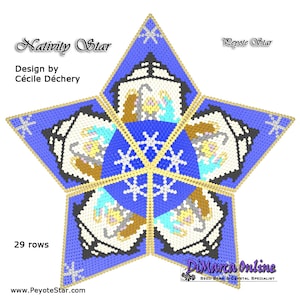 May include: A blue and gold peyote star beading pattern with a nativity scene in the center. The pattern is 29 rows and is called "Nativity Star" designed by Cécile Déchery. The pattern is available on PeyoteStar.com.